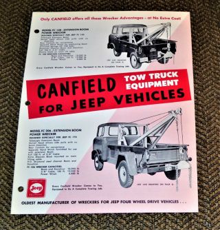 Vtg 1960 Advertising Canfield Tow Truck Equipment Willys Jeep Vehicles