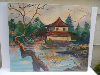 Vintage Pagoda Painting Oil On Canvas Signed Kaylga 74 24 " X 20 "