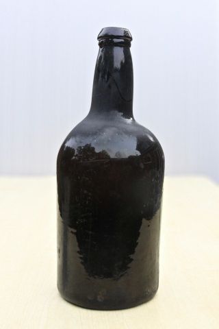 Antique C1810s English Blown Crudely Made Black Glass Cylinder Wine Bottle