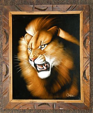 Vintage Lion Painting On Velvet Signed Ortiz Framed Vintage 1970 
