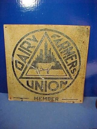 1930s Dairy Farmers Union Metal Lithograph Sign W Cow,  Skyscraper Image