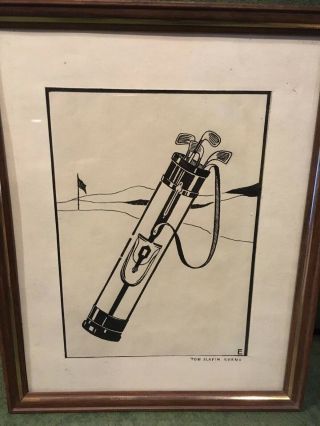 Antique Pen And Ink Painting Early Stove Pipe Golf Bag And Clubs