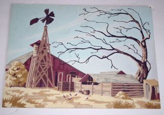 Craftint Vtg Paint By Numbers From 1956 " Broken Windmill " Barn,  Chickens,  Fall