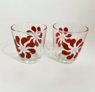 Pair Vtg Mid - Century Hazel Atlas Jelly Jar Juice Glasses W/ Flower Design 1/2 Pt