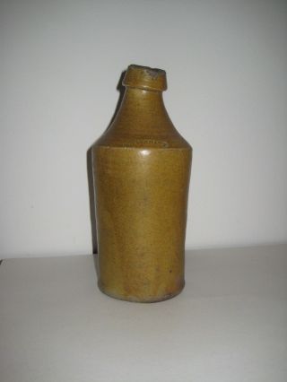 Old Antique Primitive Stoneware Pottery Rum Beer Bottle Jug Marked Blob Cork Top