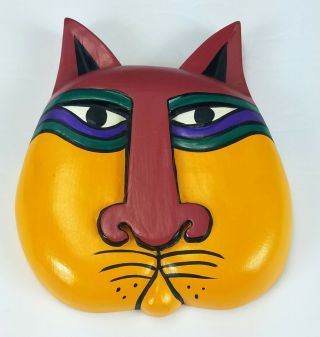 Laurel Burch Wood Hand Painted Cat Mask Wall Plaque Made In Indonesia