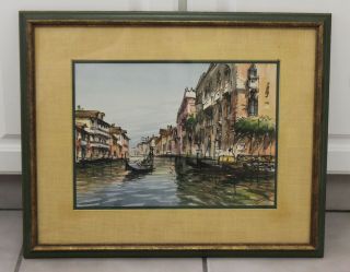 Mid Century Venice Canal Watercolor By Sirol Listed Artist