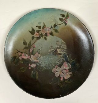 Vintage Early 1900s Winter Scene Dogwood Flower Oil Painting On Round Plate