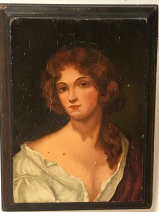 Antique Oil On Wood Portrait Painting Of Young Woman Girl,  19th Century