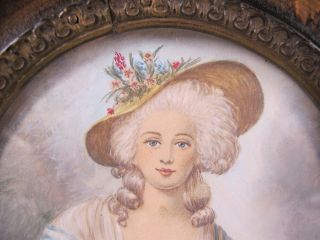 Antique 1800 ' s Portrait Miniature Painting of Lady in Hat Signed N Garner yqz 5
