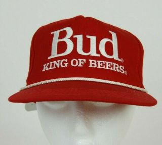 Vtg Budweiser Bud King Of Beers Embroidered Red Cap Hat White Rope Braid Rare
