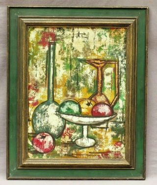 Mid Century Oil Painting Style Of Bernard Buffet Abstract Still Life Vase Fruits