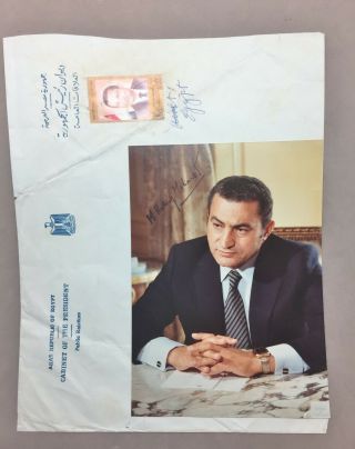 Autographed Color Photo Political Hosni Mubarak President Egypt & Stamp Envelope