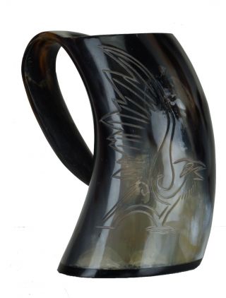 Vintage Tatto Viking Design Ox Horn Drinking Mugs Beaker Natural Stein