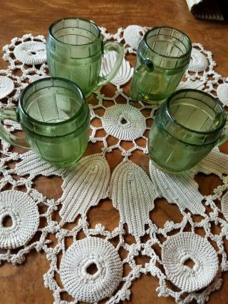 4 Vintage Shot Glasses - Whiskey Barrel - Green Glass -