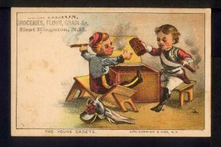Currier & Ives Comic Trade Card The Young Cadets Smoking Cigars Breaking Stuff