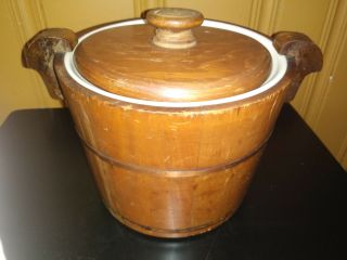 Vintage1950s Wooden Ice Bucket With Crock Interior And Lid,  Handles