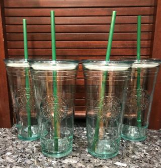 Starbucks Recycled Glass Made In Spain Venti 20 Oz Cold - To - Go Cup With Lid Straw