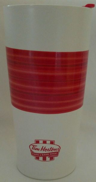 Tim Hortons Ceramic Travel Coffee Tumbler Mug 2015 Red Stripe Limited Edition