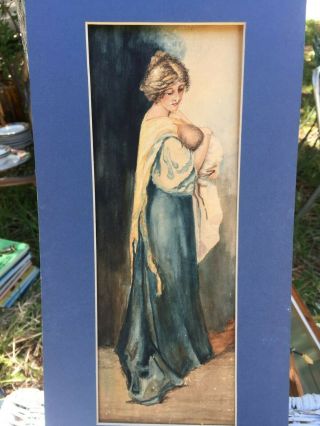 Antique Vintage Victorian Watercolor Painting Woman With Newborn Baby Circa 1900