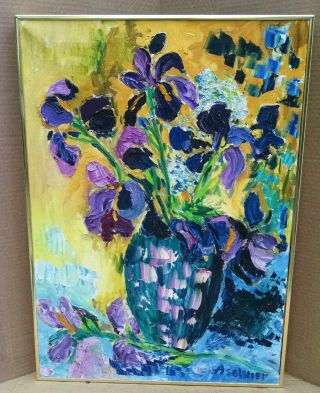 Large Vintage Mid - Century Abstract Floral Oil Painting Aschner 1968