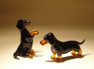 Blown Glass " Murano " Art Figurine Black And Brown Wiener Dog Dachshund Pair