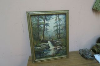 Vintage Signed Oil On Board Painting 9 " X 12 " Framed 10 " X 10 " Waterfall Forest