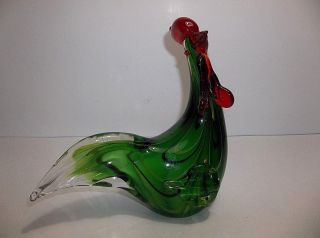 Vintage Art Glass Rooster Chicken Green Red