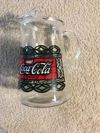 Vintage 1970s Coca - Cola Stained Glass Style Clear Glass Pitcher Restaurant