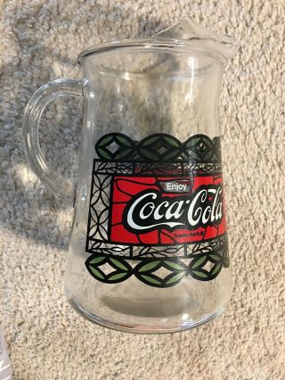 Vintage 1970s Coca - Cola Stained Glass Style Clear Glass Pitcher Restaurant 3