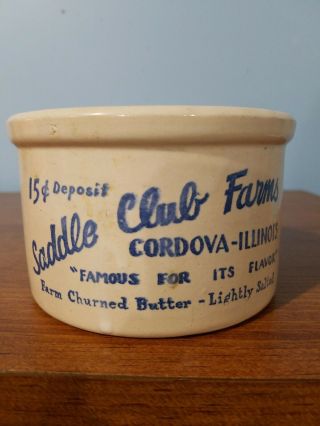 Crock: Saddle Club Farms,  Cordova - Illinois Farm Churned Butter 15c Deposit Vtg