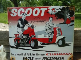 Old Vintage 1958 Cushman Scooters Porcelain Dealership Sign