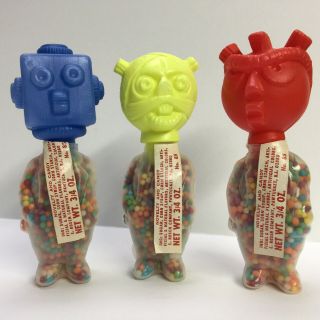 3 1970s E Rosen Robot Monster Hong Kong Candy Container With Labels Nos