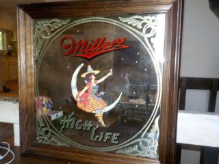 Vtg 1980 Miller High Life Beer Girl On The Moon Bar Tavern Advertising Mirror