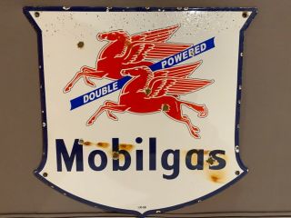 12in Gasoline Mobilgas Double Power Porcelain Enamel Sign Oil Gas Pump Plate