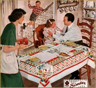 1949 Simtex Cloths Happy Family Dining Table Pueblo Pattern Cloth Print Ad
