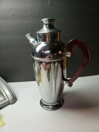 Vintage 1950s Chrome Art Deco Bar Ware Cocktail Shaker With Red Lucite Handle
