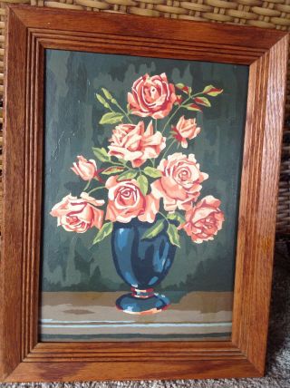 Vtg Paint By Numbers Red Pink Roses Flowers In Vase Solid Oak Frame 1966