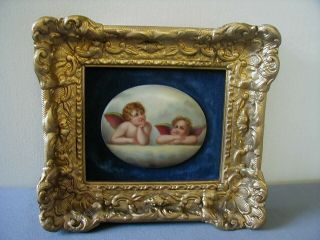 Antique Framed Painting On Porcelain Of Two Cherubs / Cupids
