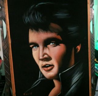 Elvis Presley Young Blue Eyes Oil Painting In Black Velvet 29 " X 40 " Wood Frame