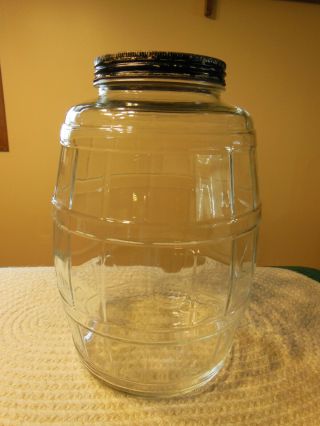 Vintage Large 2.  5 Gallon Barrel Shape 13 " Glass Pickle Jar W/ Black Lid