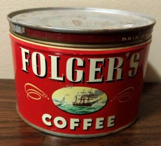 Vintage Folger ' s 1Lb Coffee Can with Lid 1946 Copyright, 2