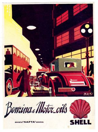 Automobile Italian Mag Ad 1932 Shell Oil Signed Bassi Art Deco