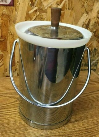 Vintage Mid Century Modern Ice Bucket Kromex Chrome Teak Danish Mod