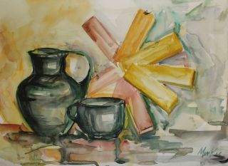 Vintage Polish Expressionist Watercolor Painting Still Life Signed Menkes