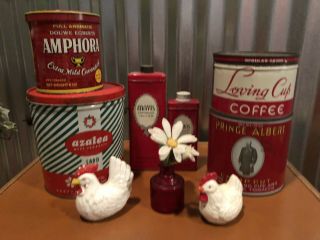 Vintage Antique Tin Red Mavis Talcum Rooster Coffee Prince Albert Lard Loving