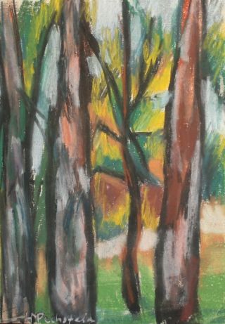 Vintage German Expressionist Landscape Pastel Painting Signed H.  M.  Pechstein
