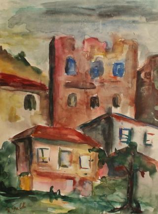 Vintage Russian Expressionist Watercolor Painting Cityscape Signed R.  Falk