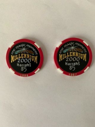 2 - Harrah’s Hotel/casino,  Reno - Year’s Y2k - $5 Chips For Millennium 2000