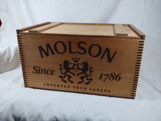 Vintage Molson Wood Beer Crate Box Dovetail Corners Sliding Lid